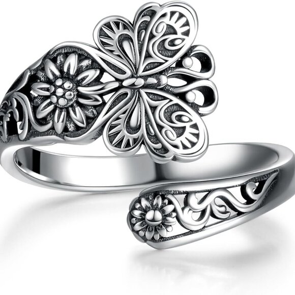 Jewelry - Sterling Silver Spoon Rings for Women: Vintage Butterfly Lotus Just Breathe Turq